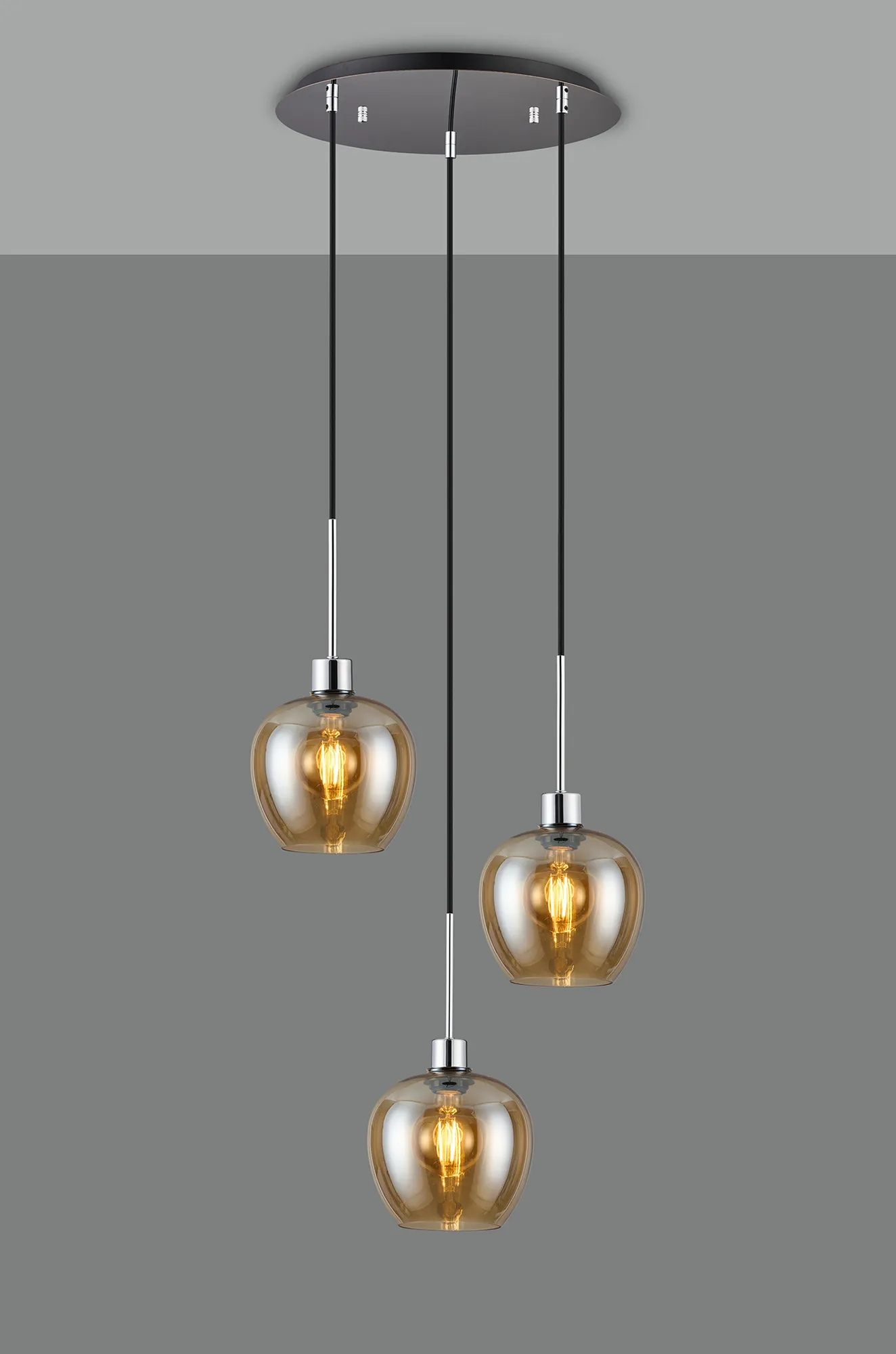 Lori 40cm Round Pendant, 3 Light Adjustable E27, Polished Chrome/Amber Wine Shades DK1276  Deco Lori Polished Chrome